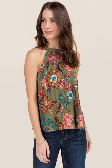 Blue Rain Eloise Floral Halter High Neck Tank - Olive