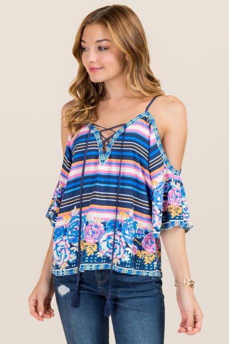 Francesca Inchess Mara Floral Border Print Cold Shoulder Top - Navy