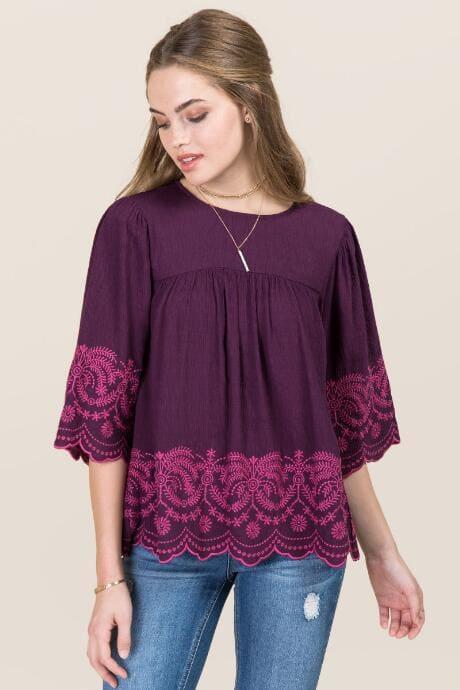 Klk Forte Industry, Inc. Andi 3/4 Embroidery Hem Bell Sleeve Blouse - Purple