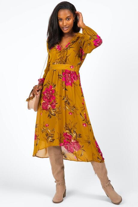 Francesca's Nicola Floral Ruffle Midi Dress - Mustard