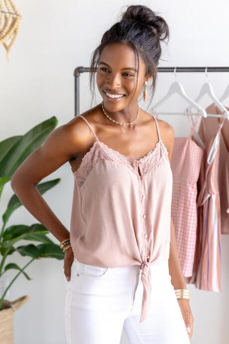 Francesca's Cortney Lace Trim Button Tank Top - Pink