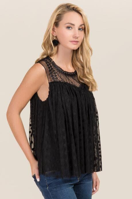 Rolla Coster Inc Selena Swiss Dot Mesh Embroidered Top - Black