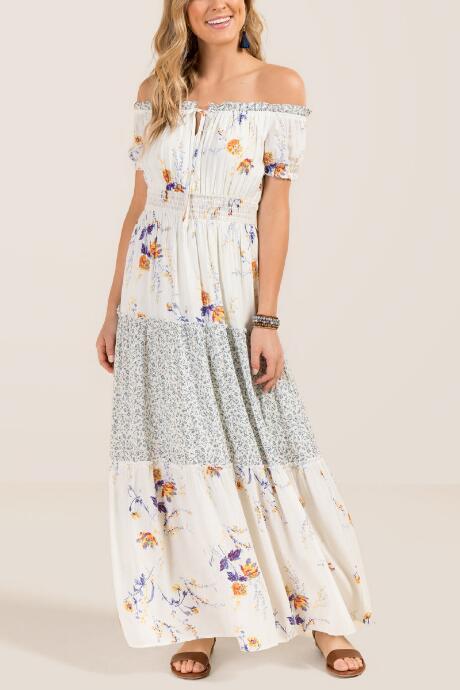 Francesca Inchess Ofelia Smoked Off The Shoulder Maxi Dress - Heather Oat