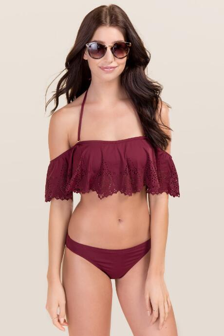 Francesca's Mila Rouched Back Hipster Swimsuit Bottoms - Burgundy