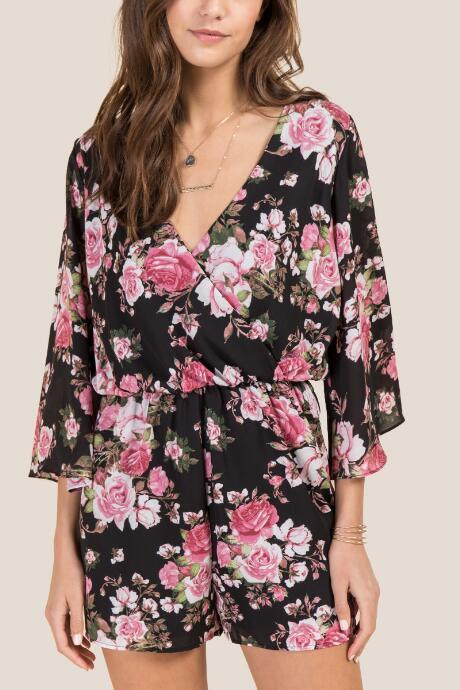 Francesca's Penny Vintage Floral Surplus Romper - Black