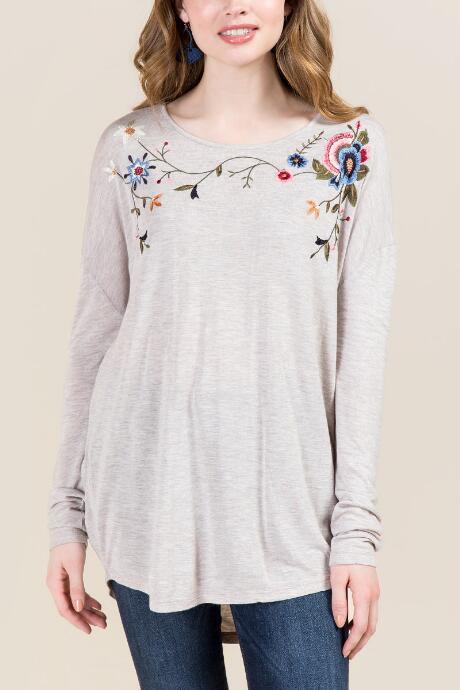 Francesca's Liza Floral Embroidery Dolman Top - Heather Oat