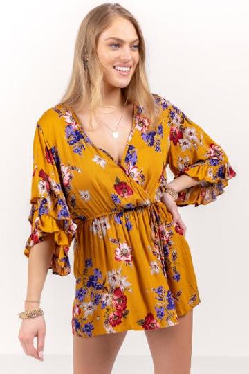 Star Of India Fashions Frances Floral Bell Sleeve Romper - Gold