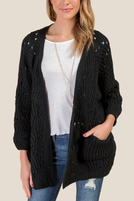 Francesca's Beth Chunky Pointelle Cardigan - Black