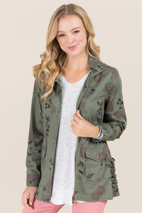Francesca's Bayou Floral Lace Up Jacket - Dark Olive