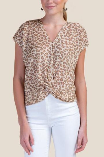 Edgemine Scarlet Leopard Print Front Tie Top - Sand