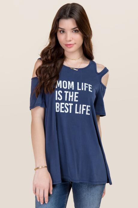 Alya Mom Life Cold Shoulder Cupro Graphic Tee - Navy