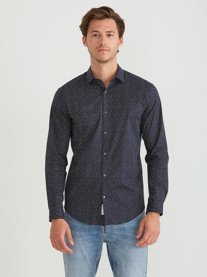 Frank + Oak The Andover Stretch Polka Dot Shirt In Dark Blue