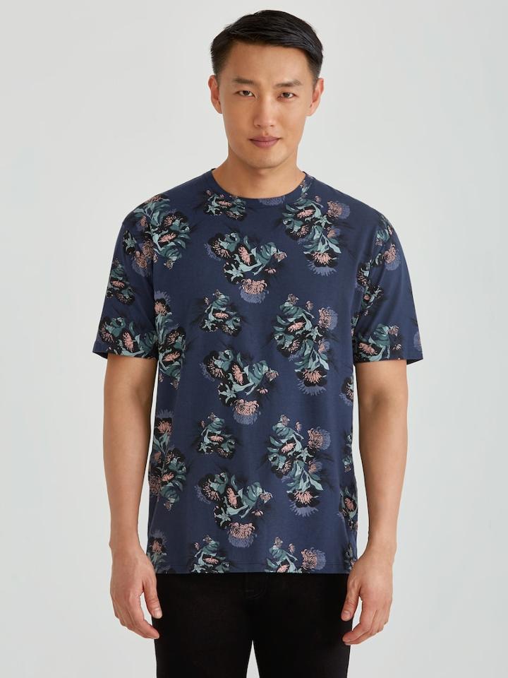Frank + Oak Bold Floral All Over Print Jersey Crewneck In Navy