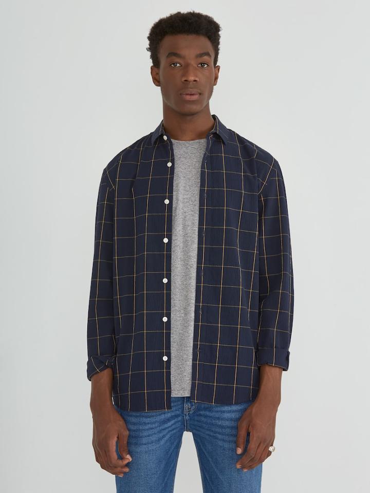 Frank + Oak Seersucker Windowpane Shirt In Navy