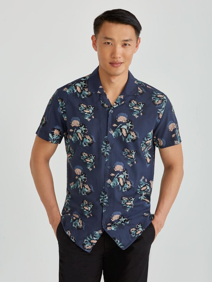 Frank + Oak Short Sleeve Super Soft Camp Collar Mini Floral All Over Print In Navy Blaze