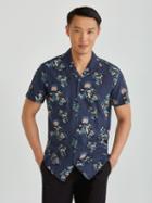 Frank + Oak Short Sleeve Super Soft Camp Collar Mini Floral All Over Print In Navy Blaze
