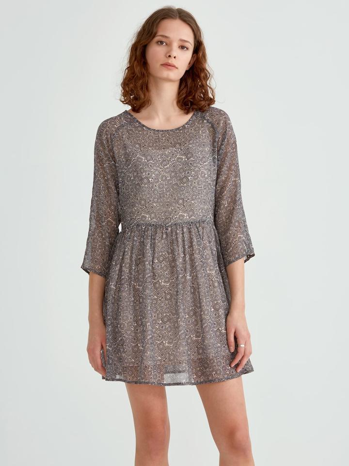 Frank + Oak Long Sleeve Printed Chiffon Dress In Burnt Olive