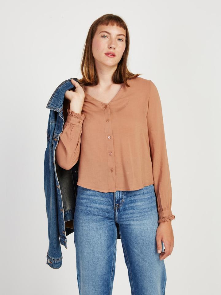 Frank + Oak Dobby Ruffle Blouse In Dark Tan