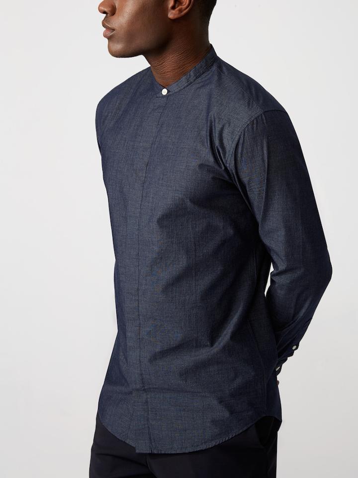 Frank + Oak Long-tail Band Collar Shirt In Navy