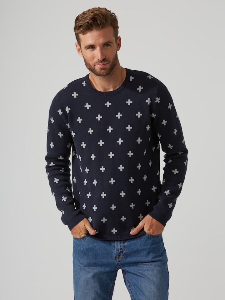 Frank + Oak Double-jacquard Plus Cotton Sweater In Dark Sapphire