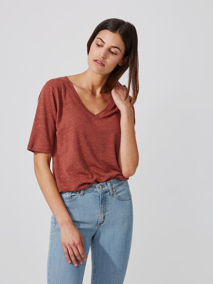 Frank + Oak Tencel-linen Fluid V-neck Tee In Mahogany