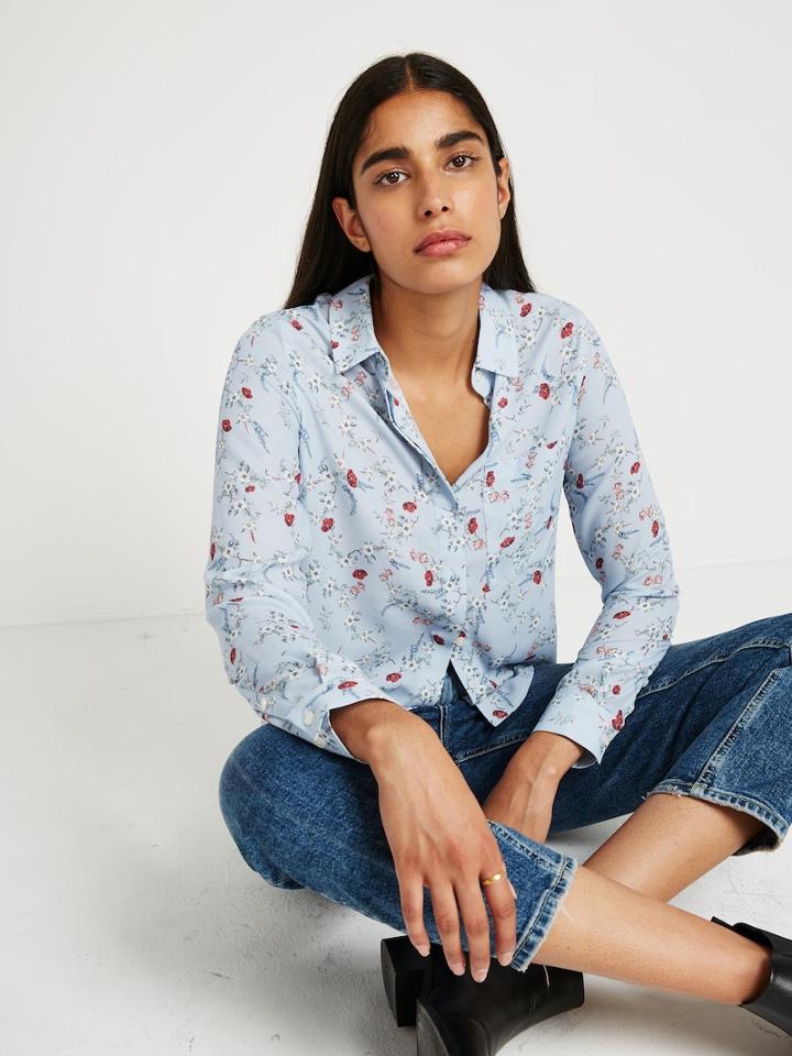 Frank + Oak Floral Printed Soft Popover Blouse In Steel Blue