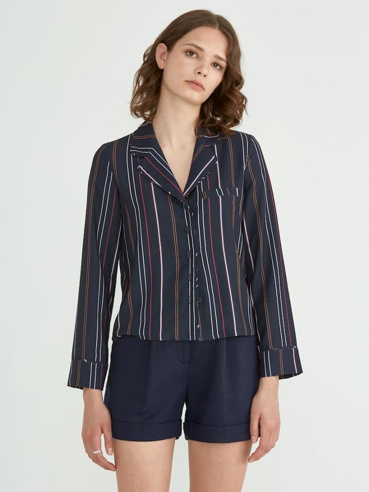 Frank + Oak Printed Stripe Crepe Blouse In Navy