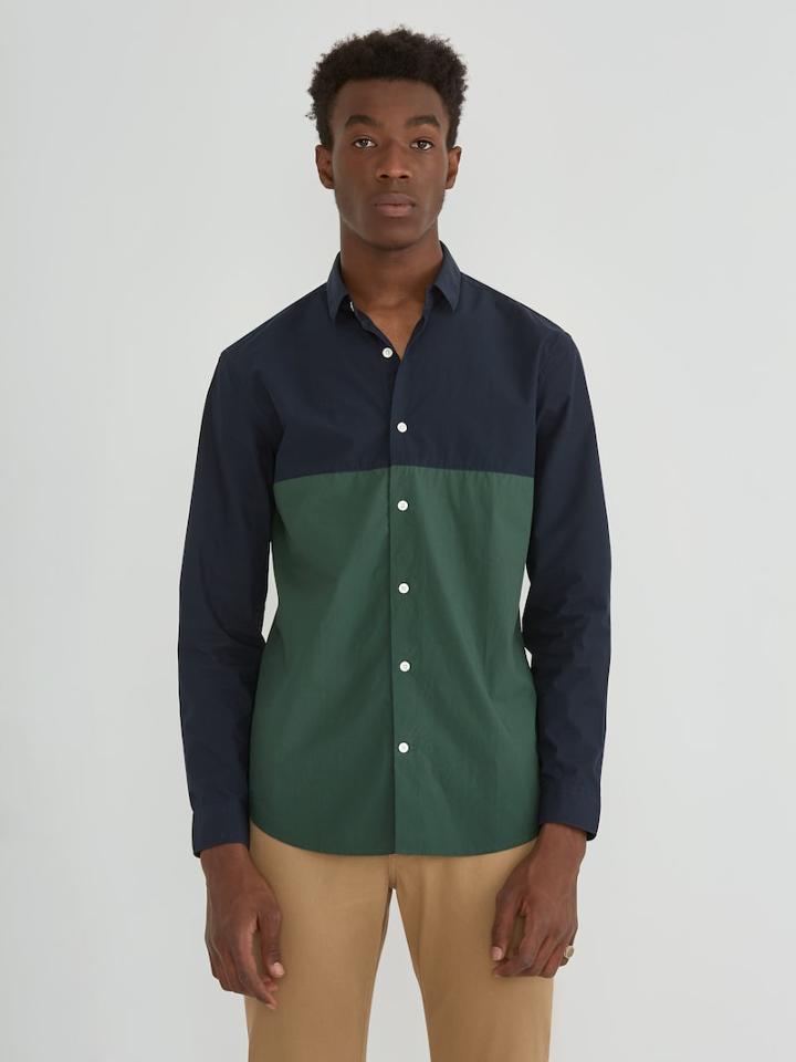 Frank + Oak Poplin Colour-blocked Shirt In Green