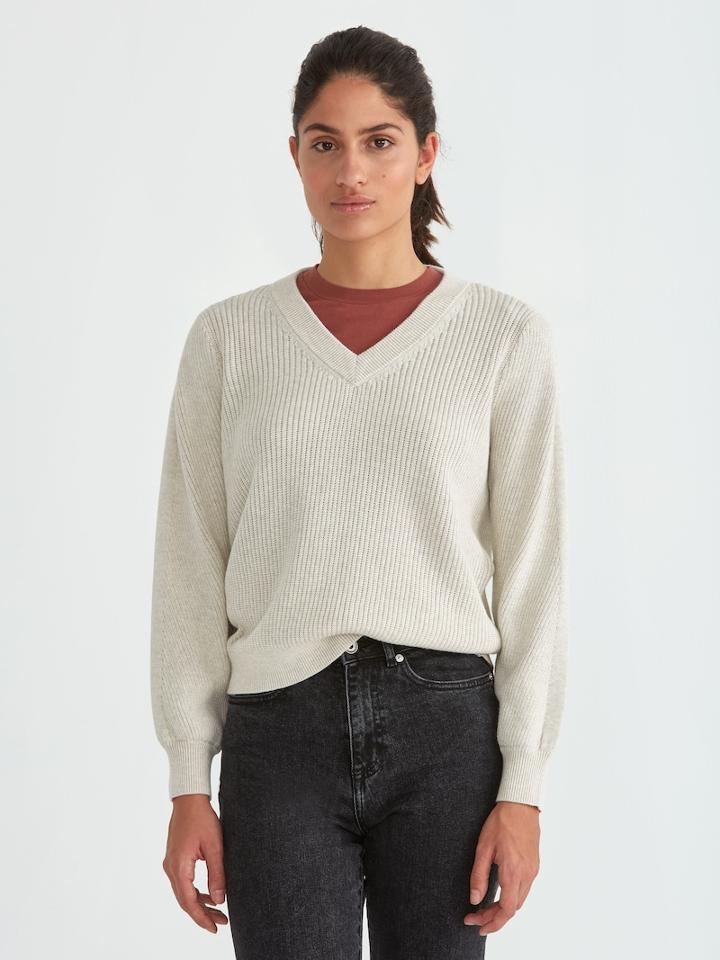 Frank + Oak Off-shoulder Cotton V-neck Sweater In Stone Heather