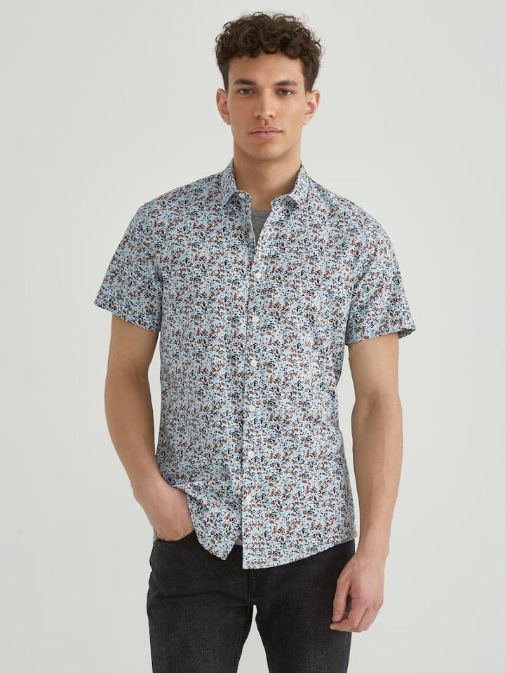 Frank + Oak Short-sleeve Splatter Print Supersoft Cotton-blend Shirt In Blue