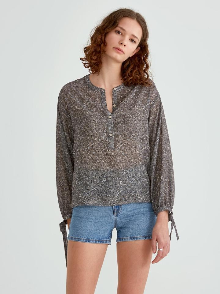 Frank + Oak Printed Bell Sleeve Blouse In Burnt Olive