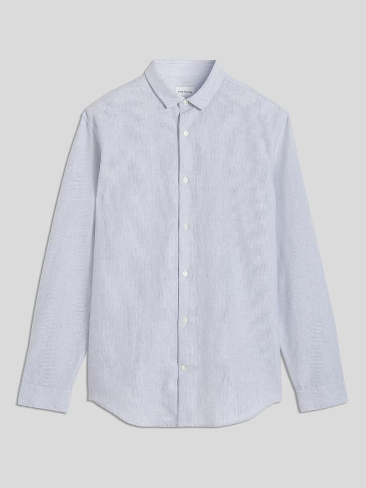 Frank + Oak Striped Long Sleeve Linen Blend Shirt In Blue