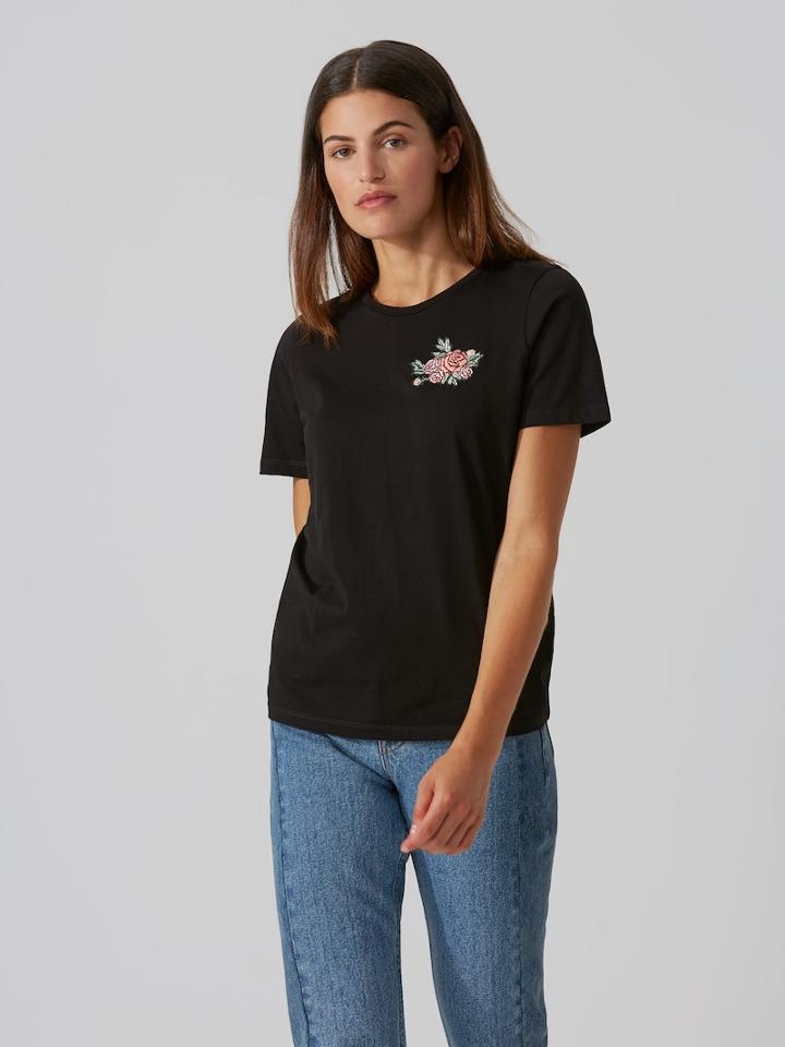 Frank + Oak Rose Embroidered Cotton T-shirt In Black