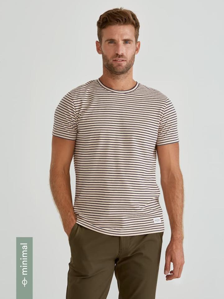 Frank + Oak Organic Cotton Crewneck T-shirt In Striped Cream Tan