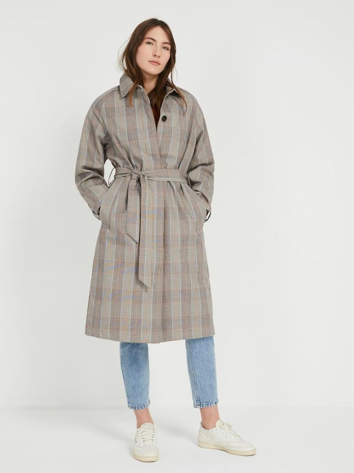 Frank + Oak Water Repellent Belted Plaid Trench Coat - Dark Grey