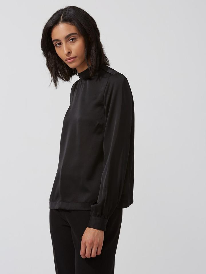 Frank + Oak Satin Gathered Mock-neck Top In True Black