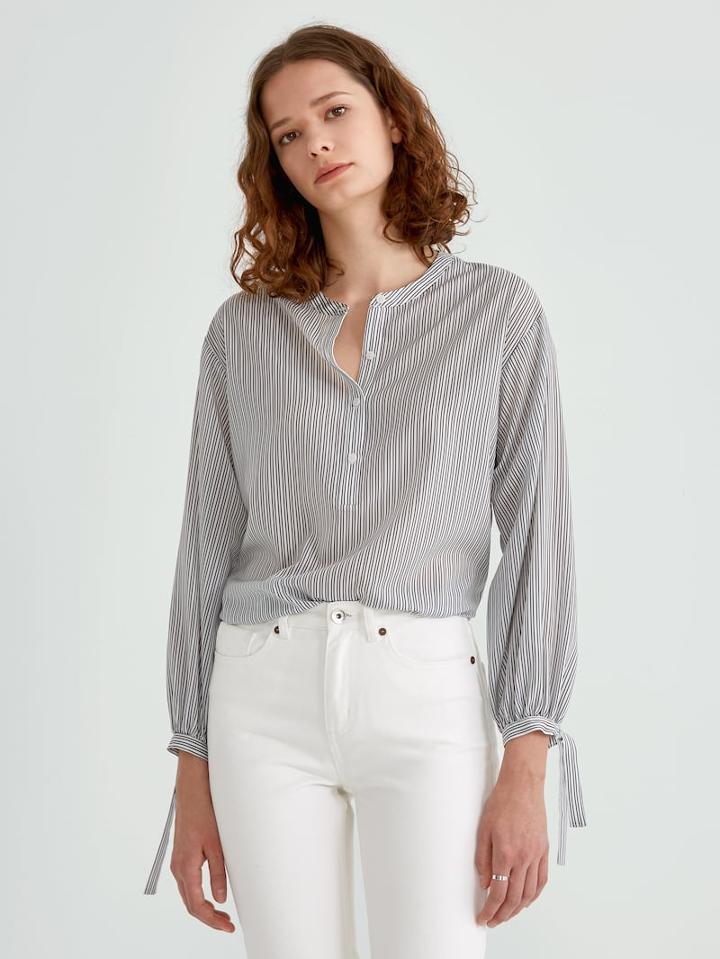Frank + Oak Striped Bell Sleeve Blouse In Black And White