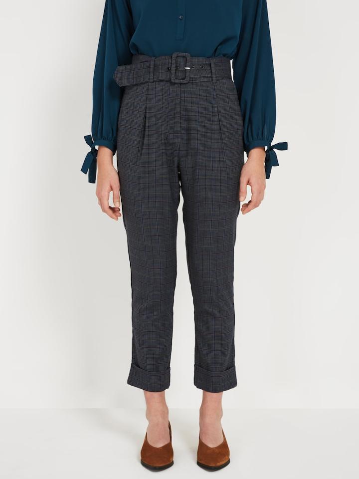 Frank + Oak Belted Plaid Wide Pants - Navy