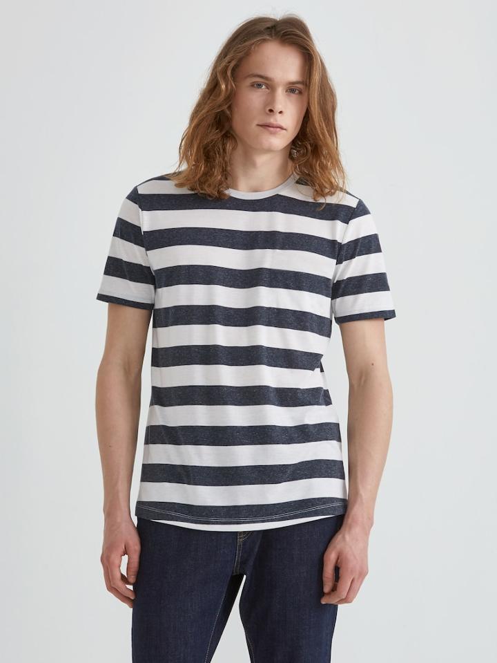 Frank + Oak Striped Loose Fit Drirelease Linen Crewneck T-shirt In Navy Blazer