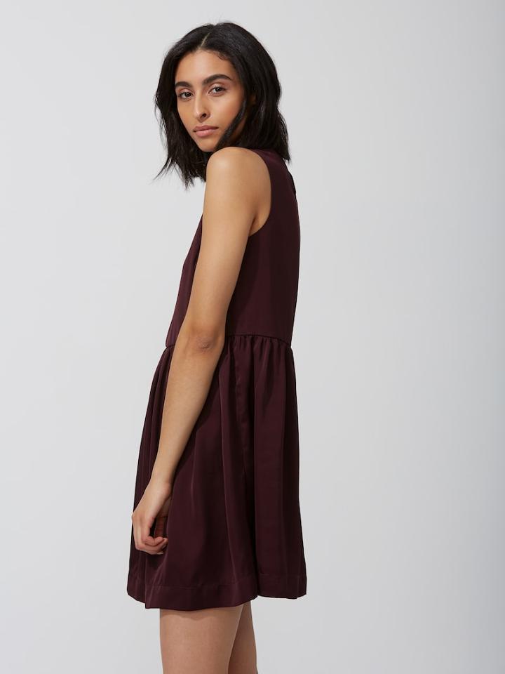 Frank + Oak Satin Sleeveless Mock-neck Dress In Plum
