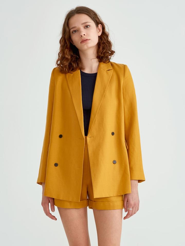 Frank + Oak Double Breasted Linen Blend Blazer In Dark Honey Gold