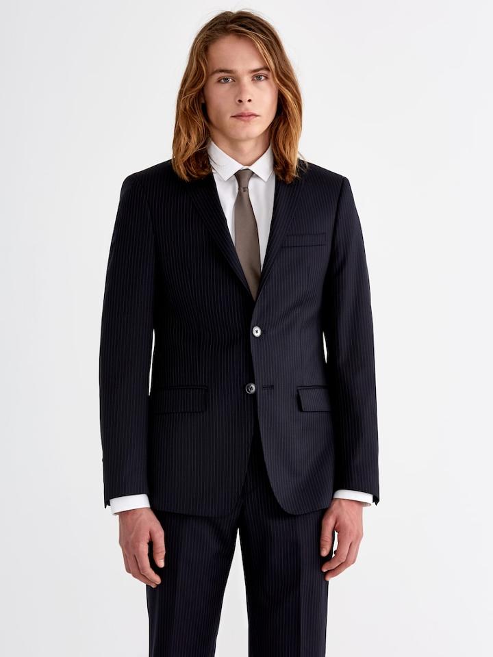 Frank + Oak The Made-in-canada Wool Pinstripe Suit Jacket In Navy