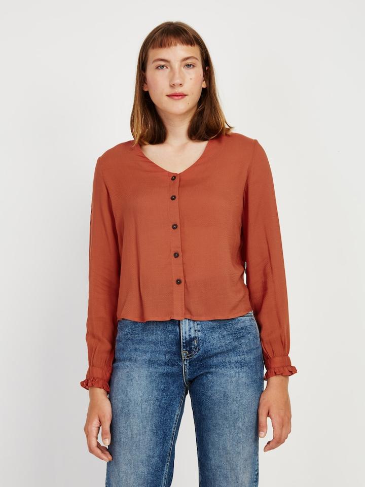 Frank + Oak Dobby Ruffle Blouse In Barn Red