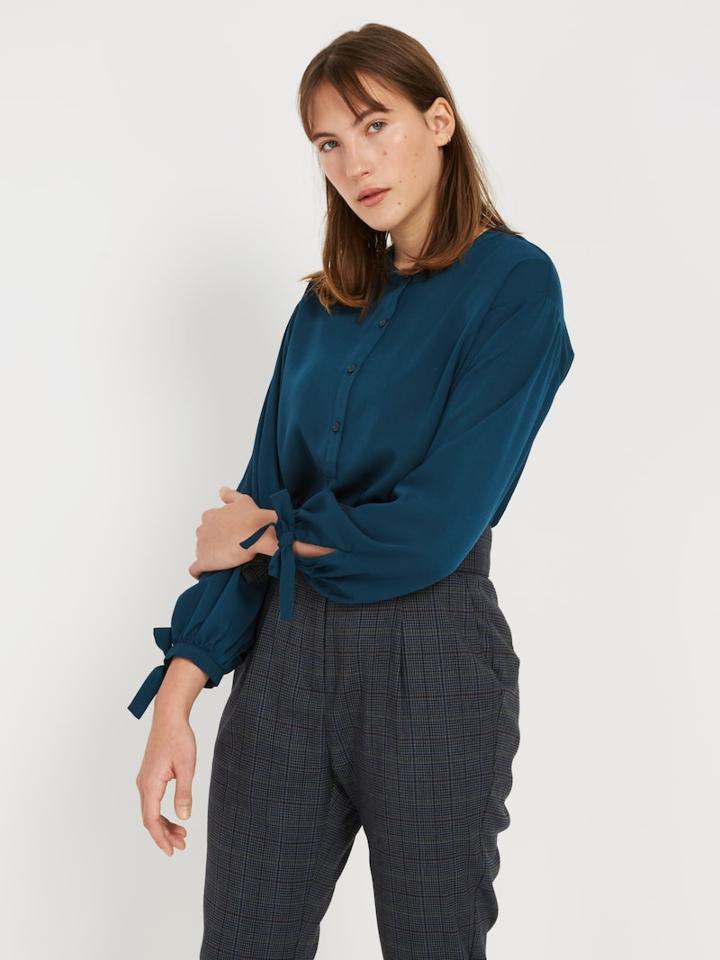 Frank + Oak Chiffon Gathered Sleeve Blouse - Dark Blue