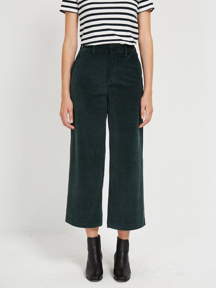 Frank + Oak Corduroy Cropped Wide Leg Pant In Dark Green