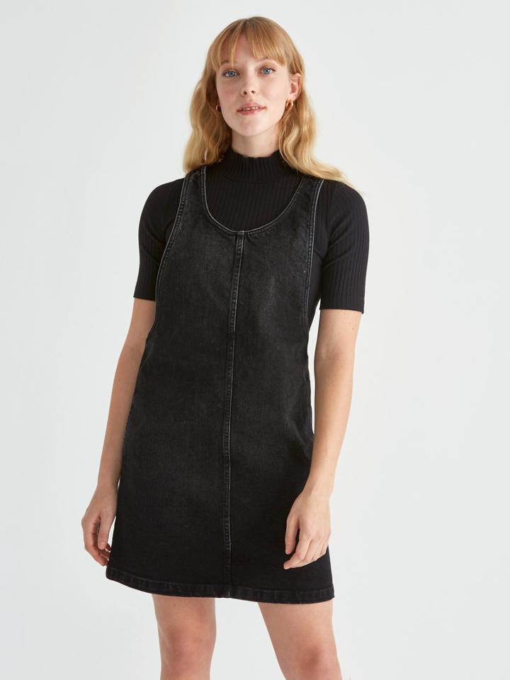 Frank + Oak Denim Pinafore Dress In Washed Black