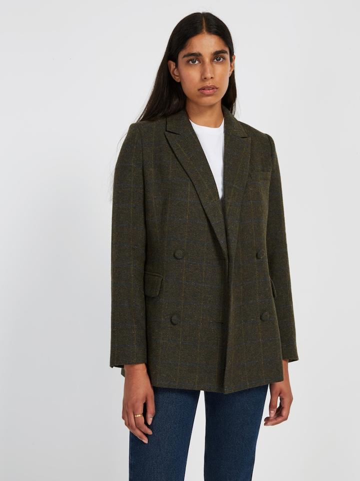 Frank + Oak Cinched Double-breasted Tweed Blazer - Green Heather
