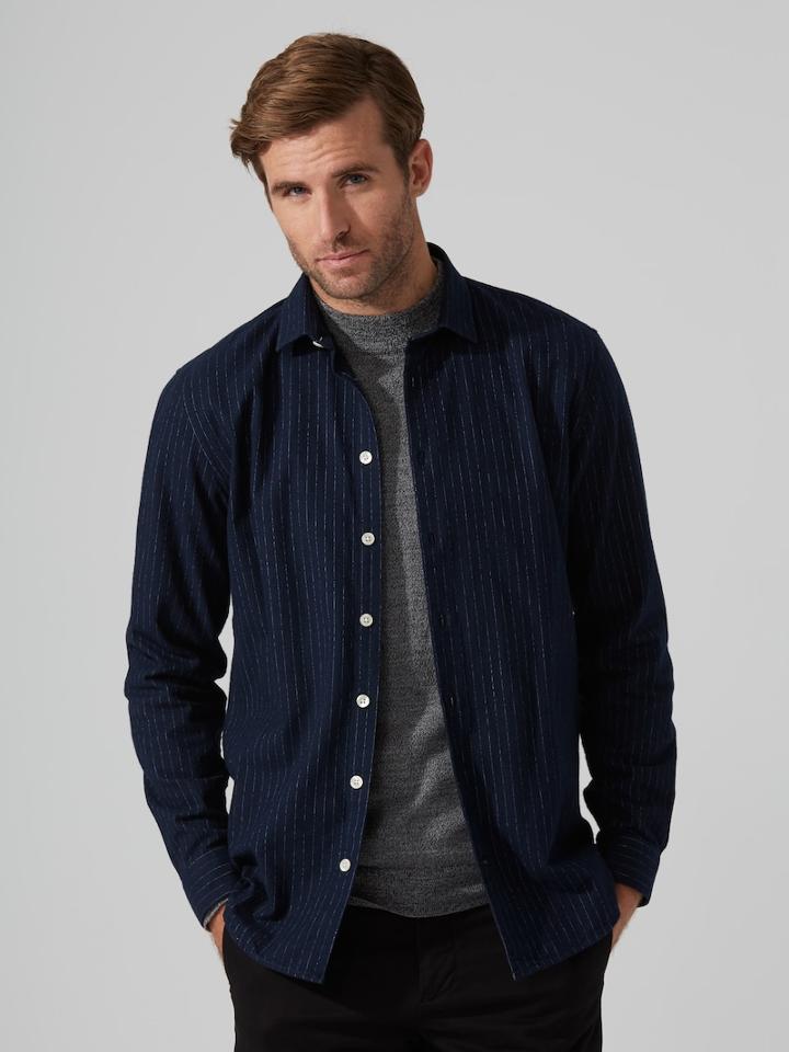 Frank + Oak Pinstripe Flannel Shirt In Dark Sapphire