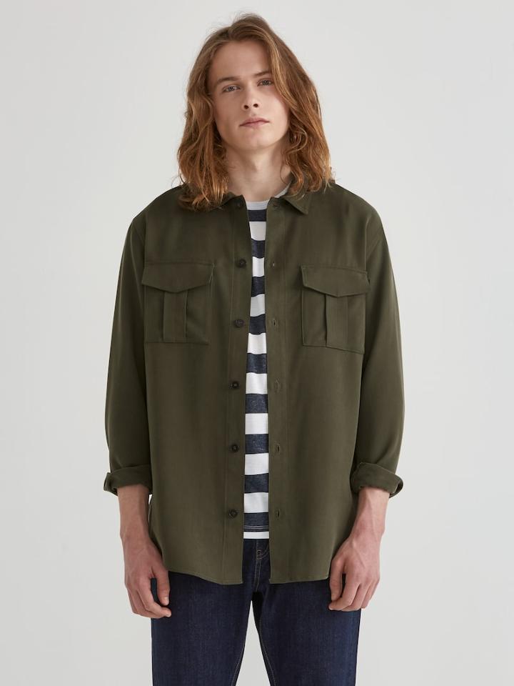 Frank + Oak Tencel Utility Overshirt In Olive Night
