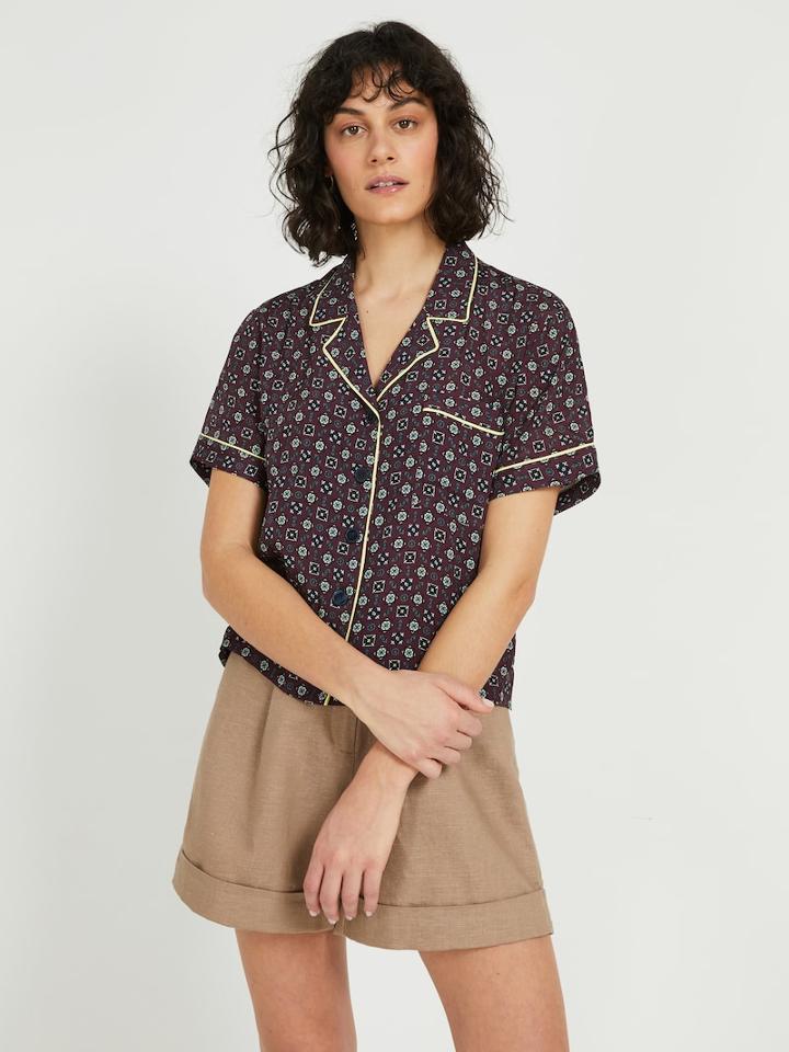 Frank + Oak Atelier Collection: Viscose-silk Camp Collar Blouse In Dark Purple